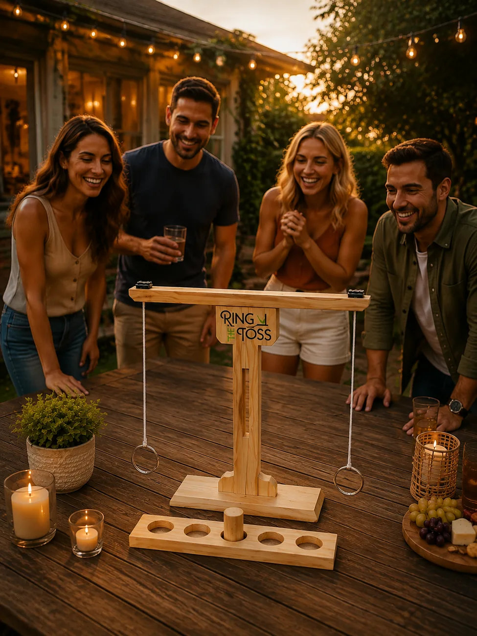 Friends enjoying an evening wooden ring toss game together