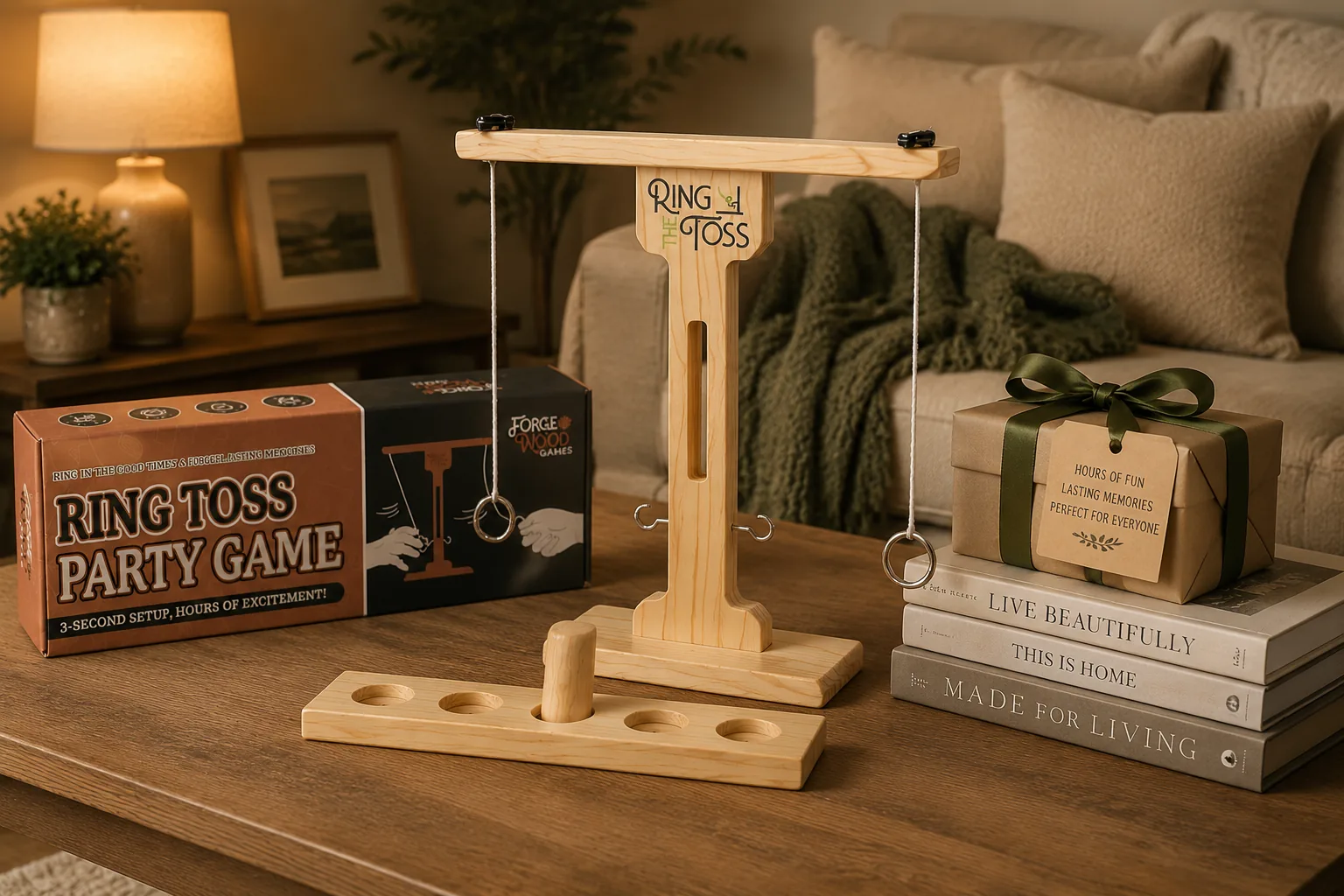 Natural-wood Forgewood hook and ring game styled for a fun gathering