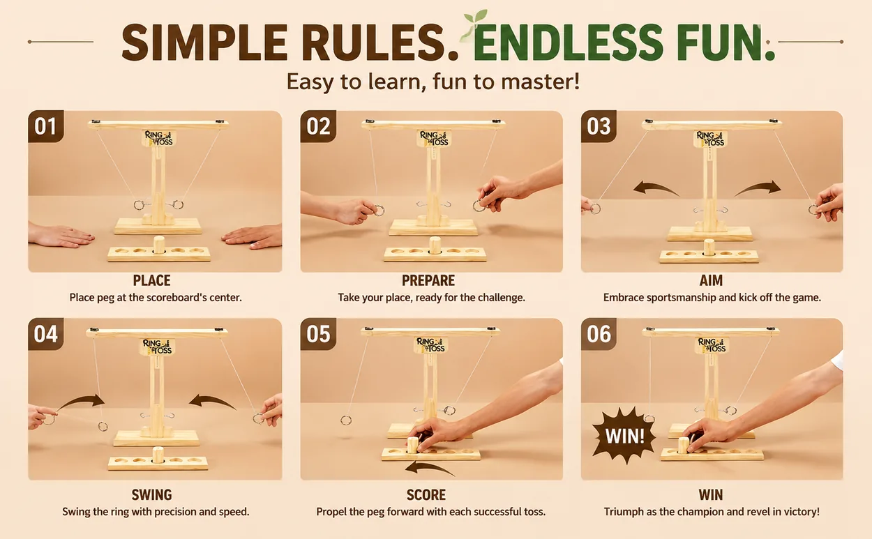 Forgewood wooden ring toss instructions showing sample setup and play steps