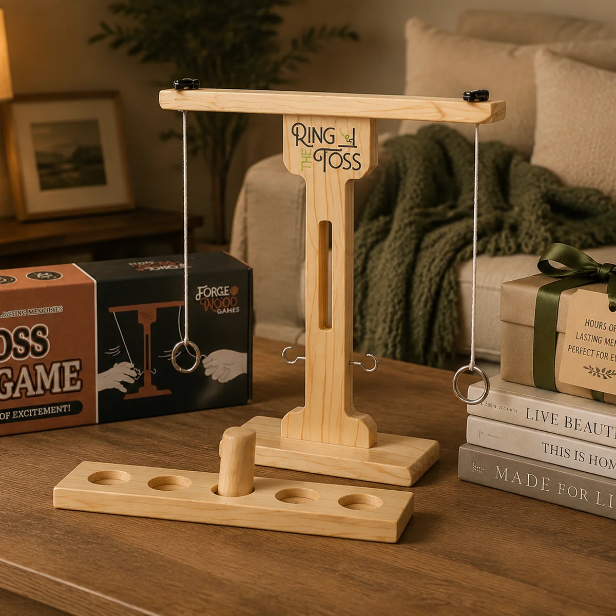 Forgewood wooden ring toss game set up for a cozy game night at home