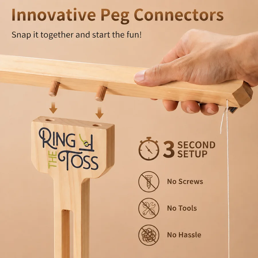 Hands setting up the wooden ring toss game