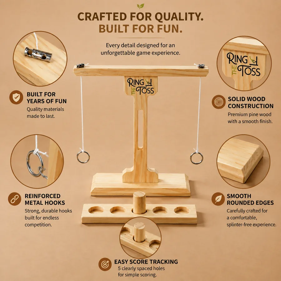 Close-up of the wooden ring toss scoring pegs and solid wood construction